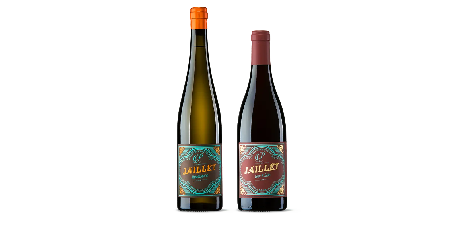 Zwei Weinflaschen nebeneinander auf weißem Hintergrund. Die linke Flasche hat einen orangefarbenen Verschluss und ein blaugrünes Etikett mit der Aufschrift „Jaillet“ und goldenen Akzenten. Die rechte Flasche hat einen burgunderroten Verschluss und ein rotes Etikett mit ähnlichem Design.