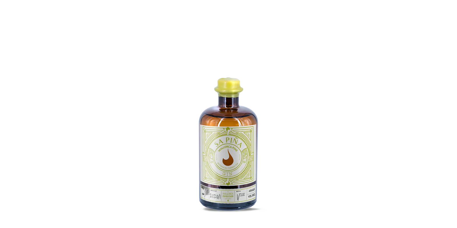 Eine braune Glasflasche mit einem gelben Verschluss und einem dekorativen gelb-weißen Etikett, auf dem die Schriftzüge „Sa Piña“ und „Gin“ vor einem schlichten weißen Hintergrund zu sehen sind.
