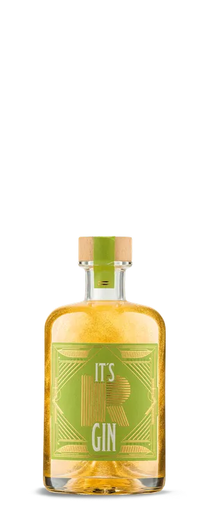 Eine kompakte Ginflasche mit Holzkorken und grünem Etikett mit der Aufschrift It's R Gin in goldener Schrift, gefüllt mit goldgelbem Gin, vor schwarzem Hintergrund.
