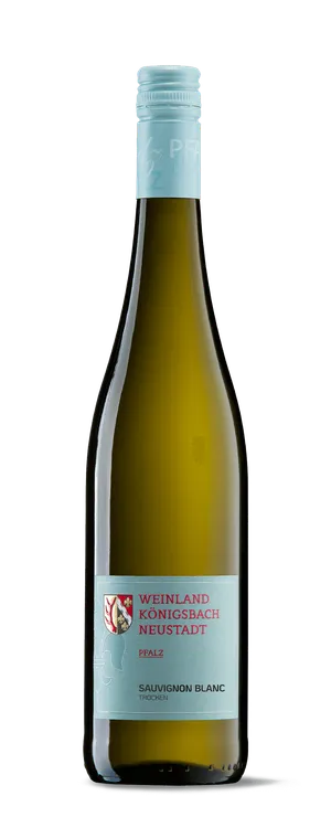Eine Weißweinflasche Weinland Königsbach Neustadt Pfalz Sauvignon Blanc Trocken mit hellblauem Verschluss und weißem Etikett mit Wappen, vor schwarzem Hintergrund.
