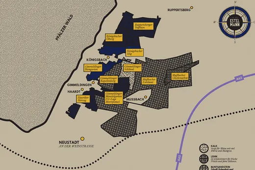 Karte mit den Standorten der Weinberge rund um Neustadt an der Weinstraße, Deutschland. Die wichtigsten Standorte sind gelb und blau hervorgehoben; zur Orientierung sind Straßen, Wälder und umliegende Ortschaften eingezeichnet.
