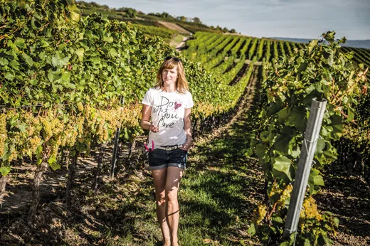 Eine Frau in einem weißen T-Shirt und Shorts geht mit einer Weinbergsschere in der Hosentasche zwischen den Rebreihen eines sonnigen Weinbergs entlang. An beiden Seiten hängen grüne Weintrauben an den Reben.