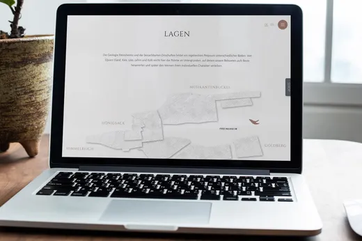 Auf einem Laptop, der auf einem Holztisch steht, ist eine Website mit einer Weinbergkarte mit der Bezeichnung „Lagen“ zu sehen, auf der die Weinbergparzellen mit Namen wie „Musikantenbuckel“, „Honigsack“ und „Goldberg“ eingezeichnet sind. Im Hintergrund ist eine Topfpflanze zu erkennen.