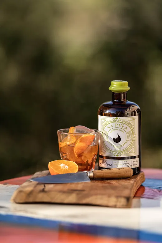Auf einem bunten Tisch vor einem verschwommenen grünen Hintergrund stehen eine Flasche Gin, ein Glas mit Orangenscheiben, ein Messer und eine halbierte Orange auf einem hölzernen Schneidebrett.