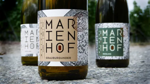 Nahaufnahme einer Weinflasche mit der Aufschrift „Marienhof Grauburgunder“ auf Kies, im Hintergrund zwei ähnliche Flaschen, von denen eine die Aufschrift „Riesling“ trägt. Im Hintergrund sind verschwommene Weinberge zu sehen.