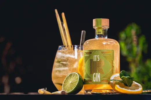 Neben einem Cocktailglas mit Eis, zwei Strohhalmen und einer Zitronenscheibe steht eine Gin-Flasche mit der Aufschrift „IT'S GIN“. Auf dem Tisch davor liegen frische Limetten-, Zitronen- und Minzblätter. Der Hintergrund ist dunkel und unscharf.