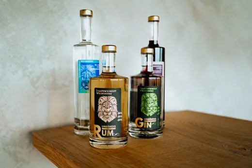 Vier Glasflaschen mit Spirituosen, darunter Rum und Gin, deren Etiketten einen Löwen zeigen, sind auf einer Holzfläche vor einem hellen, strukturierten Hintergrund angeordnet.