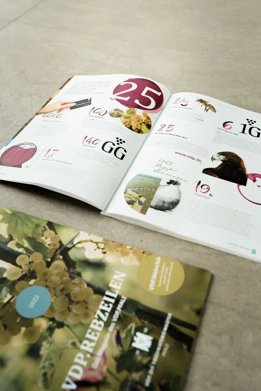 Ein aufgeschlagenes Magazin mit Grafiken, Zahlen und Bildern – darunter Trauben und ein Adler – liegt auf einer Steinoberfläche neben einem geschlossenen Magazin, auf dessen Titelseite Weintrauben abgebildet sind.