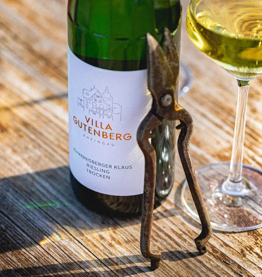 Auf einem Holztisch steht eine Flasche Villa-Gutenberg-Riesling neben einem Glas Weißwein und einer alten Rebschere. Sonnenlicht wirft Schatten über die Szene.