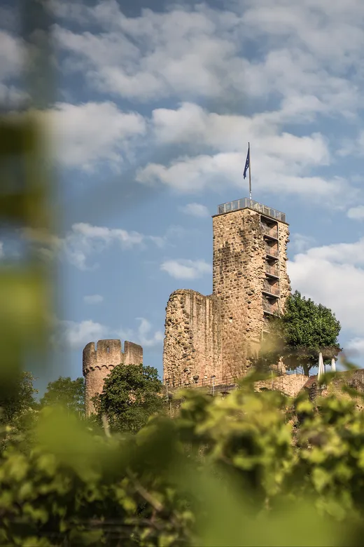 Ein steinerner Burgturm mit einer Fahne an der Spitze ragt vor einem blauen Himmel mit Wolken empor und wird im Vordergrund teilweise von grünem Laub eingerahmt.